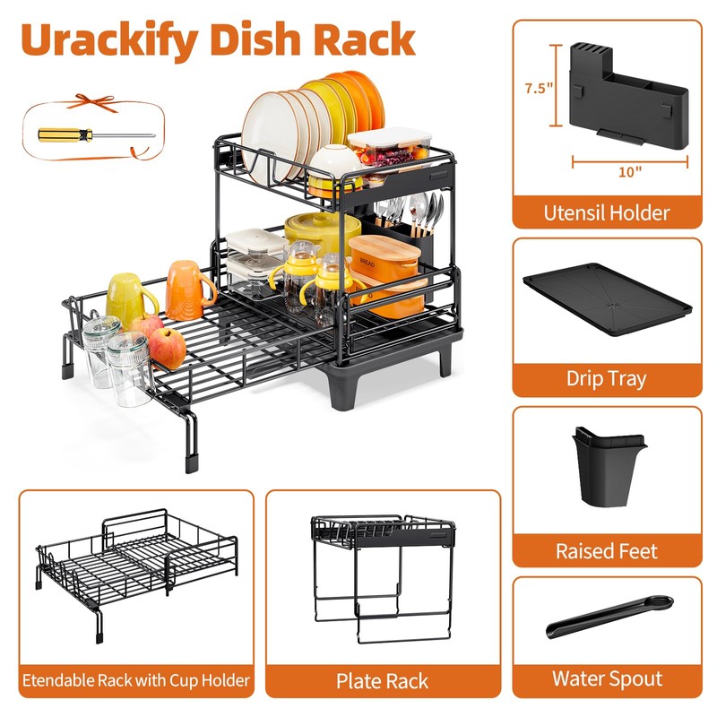 Urackify Dish Drying Rack - Extendable Dish Drainer, Large Dish