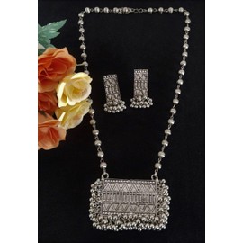 Siddhatva Statement Afghani Antique Oxidised Silver Indian Ethnic Boho Tribal Necklace Jewelry Set Women, Large, Metal, No Gemstone