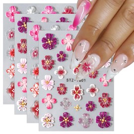 JMEOWIO 3D Embossed Colorful Flower Nail Art Stickers Decals Self-Adhesive 5D Summer Spring Floral Nail Supplies Nail Art Design Decoration Accessories 4 Sheets