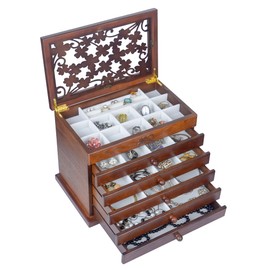 Kendal Wood Jewelry Box for Women, Real Wooden Jewelry Holder Organizer Box with Leaf Patterns, 6 Layer Jewelry Boxes for Storage Earrings Rings Necklace Bracelet, Ideal Gift for Women's Day