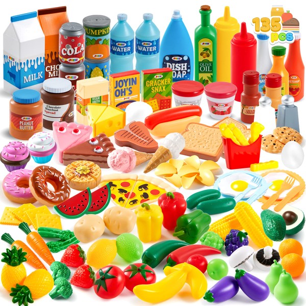 JOYIN 135Pcs Kids Play Food Set, Value Pretend Food for Play Kitchen with Fruit, Vegetable, Food Can, Dessert, Tableware, Bottles, Dramatic Plastic Food Toys for Toddler Boys Girls 3+ Years