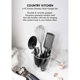 Country Kitchen 6 Pc Essentials Kitchen Stainless Steel Gadget Set Black Gun Metal with Soft Touch Black Handles for Cooking