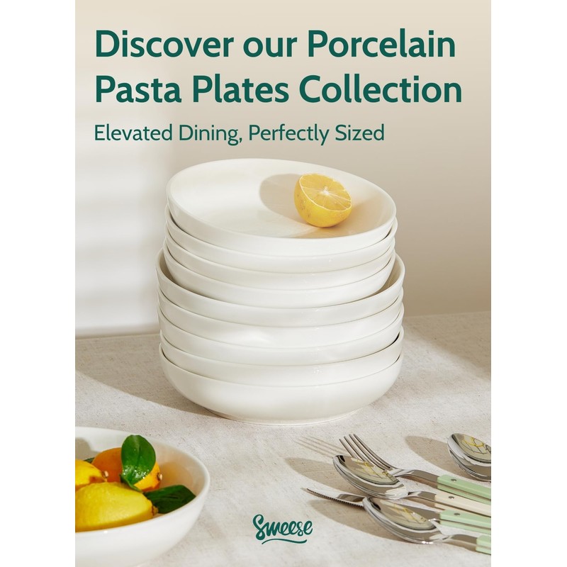Sweese 22oz Porcelain Pasta Bowls Set of 6-7.6 Inch White
