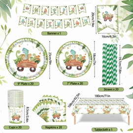 102 PCS Dinosaur Birthday Decorations, Dinosaur Birthday Party Tableware Set Serves 20 Guests, Dinosaur Party Decorations with Plates Napkins Cups Tablecloth Banner for Kids Boys Girls