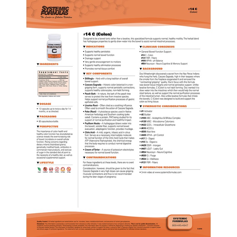 Systemic Formulas Bio Function C Colon - #14, 60 Capsules.