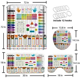 GRIEKOWE 4 Pcs Educational Kids Shower Curtain Set with Non-Slip Rugs, Months, Days, Shapes, and Multiplication Table for Learning – Fun Cartoon Animals Design, Bathroom Decor for Children 72Lx72in