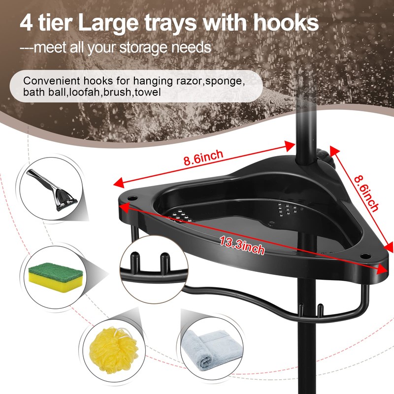 Corner Shower Caddy Tension Pole - Heavy Duty Floor to