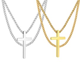 AMEJEW Layered Cross Necklace for Men 14K Gold Silver Stainless Steel Cuban Link Cross Chain Necklace for Men Religious Jewelry Gifts(Gold+Silver|20in+22in)