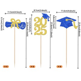 12 PCS 2025 Graduation Centerpiece Sticks Double Sided Glitter Class of 2025 Table Flower Centerpieces Diploma Grad Cap Floral Decorations for 2025 Graduation Theme Party Supplies Blue Gold