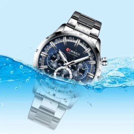 Reloj Curren 8355 con cronógrafo funcional original para hombre, correa de color plateado, fondo azul