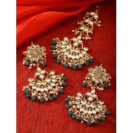 Aheli Indian Traditional Wedding Wear Faux Kundan Beaded Earrings with Maang Tikka Set Ethnic Fashion Jewelry Gift for Women Green