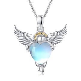 Twoowl Guardian Angel Necklace 925 Sterling Silver Angel Pendant with Heart Moonstone Necklace Jewelry Gifts for Women