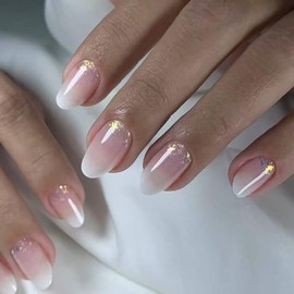 24Pcs White French Tip Press on Nails Gold Glitter Almond Short Fake Nails with Design Gradient Pink False Nails Glossy Acrylic Nails Glue on Nails Full Cover Stick on Nails for Women Daily Wear