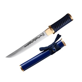 Handmade Royal Japanese Chrysanthemum Blade Tanto Short Katana Samurai Real 13 Inch 1065 Spring Steel Blade Steel Full Tang Traditional System Copper Koshigatana (Blue)