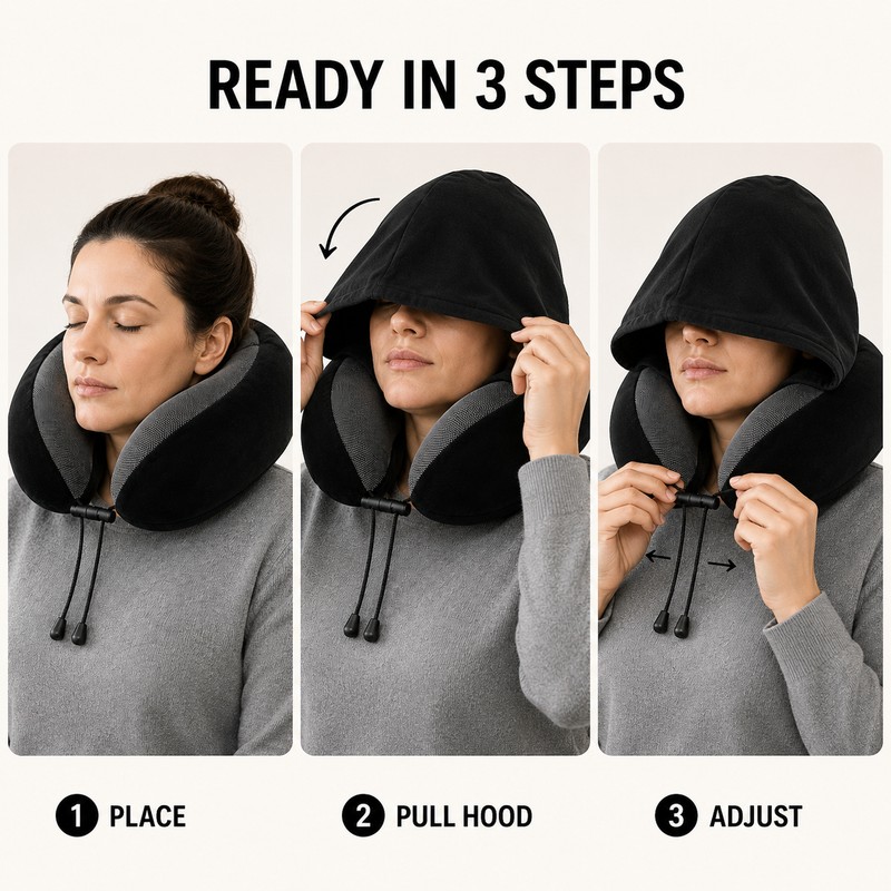 Hooded U-Shaped Memory Foam Travel Pillow, 9.84 × 9.06 ×