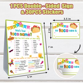 Cidobi What is Your Taco Name Game, 1 Taco Name Game Double Sided Sign, 30 Taco Name Stickers, Birthday Party Game Set, Games for Party Activity Decoration