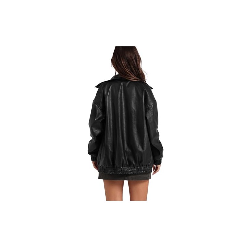 SAMPEEL Black Leather Jacket Women Cute Oversized Motorcycle Trendy Coats