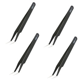 Aoje-Link ESD-17 Professional Anti-Static Precision Technology Tweezers, Non-Magnetic Fine Tip Curved, Stainless Steel Plastic Coated, Full Length 125mm, Black, 4pcs
