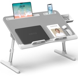 Laptop Desk for Bed, Leather X-Large Adjustable Laptop Stand for Bed, Foldable Laptop Lap Desk for Bed Couch Floor Writing Eating Working with Drawer 2 Movable Stoppers (23.6 inch, Grey)