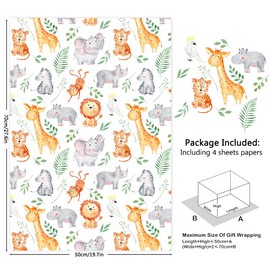 Animal Print Wrapping Paper, Lion Monkey Elephant Leopard Giraffe Patterns Forest Gift Wrap Paper, Folded Flat Sheet Wild Animals Art Paper for Birthday, Party, Holiday, Baby Shower Newborn Kids