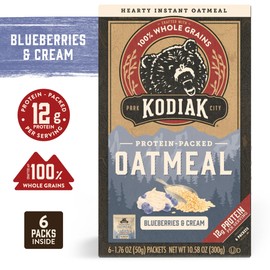 Kodiak Instant Oatmeal Packets, Blueberries & Cream, High Protein, 100% Whole Grains, 6 boxes with 6 packets (36 packets)