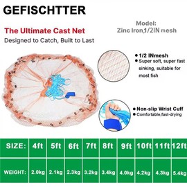 Gefischtter Saltwater Fishing Cast Net, Hand Throw Fishing Cast Net with Eco-Friendly Rubber Sinker 1/2 Inches Mesh for Saltwater Freshwater Size 4ft-12ft