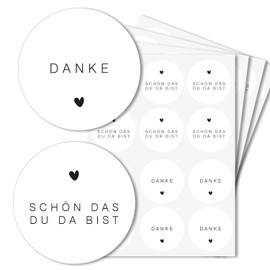 Set of 48 Wedding Stickers 24 x Danke / 24 x Schön, dass du da bist - Simple Heart Motif - 4 cm Diameter - Wedding Decoration Guest Gift Party Bag Elegant Simple Black and White dv1218