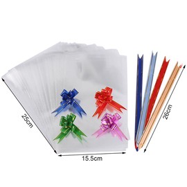 VANTOBEST 100pcs 6x10inch Clear Flat Cello Treat Bags Cellophane Bags Pull Bow Set Candy Party Present Bags Cellophane Wrap OPP Plastic Storage Bags with Pull Bows