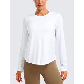 CRZ YOGA Lightweight Long Sleeve Workout Shirts for Women Gym Running Fall Tshirts High Neck Athletic Training Tops White Large