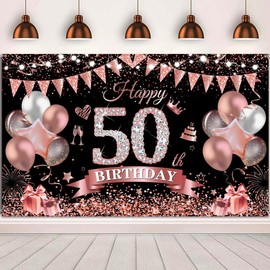 50th Birthday Banner Rose Gold Black Decoration 50th Birthday Women 50 Background Banner 50 Years Birthday Banner for 50 Women Birthday Party Decoration
