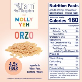 Three Farm Daughters X Molly Yeh High Fiber Orzo Pack, Irresistible, Low GI, Non GMO Orzo Pasta Noodles, Low Net Carb, Made in the USA from Just 2 Simple Ingredients, 12 oz. (2 Pack)
