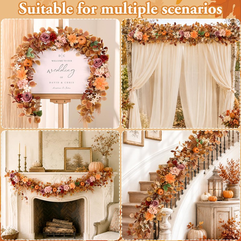 6FT Fall Garland for Mantle, Pumpkin Dahlia Garland Fall Decor