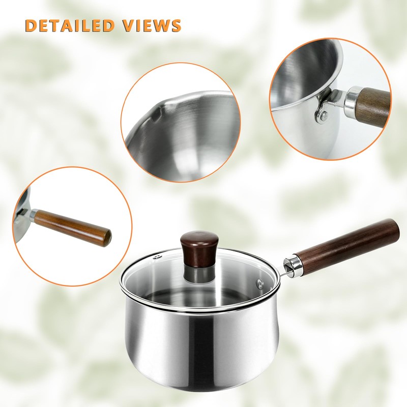 GREATLINK Small Sauce Pan with Lid and Wooden Handle for