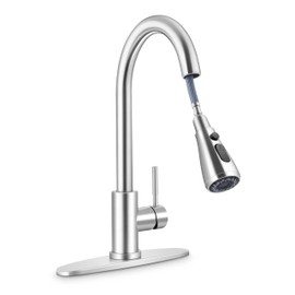 Herogo Kitchen Sink Faucet for 1 Hole or 3 Hole, Brushed Nickel Stainless Steel Kitchen Faucets with Pull Down Sprayer & Deck Plate, High Arc, Single Handle, for Farmhouse Laundry RV Wet Bar Sinks