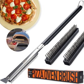 OUII 26'' Pizza Oven Brush with Stone Scraper - Includes 3 Brush Heads, Heat-Resistant Silver Stainless Steel Bristles - Long Grip Handle, Compatible with Ooni, Gozney, Blackstone, Solo Stove Ovens