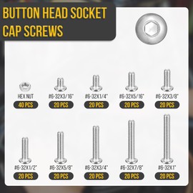 DTGN 220Pcs #6-32x3/16 to 1" Button Head Socket Cap Screws - 304 Stainless Steel Bolt Nut Set Washer Assortment Kit - Good for Road Bicycle, Mountain Bike, Auto
