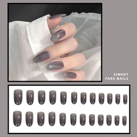 SINHOT Medium Press on Nails Round Fake Nails Glossy Glue on Nails Black Oval Acrylic Nails False Nails with Designs 24 pcs