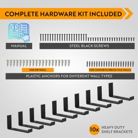 Wallniture Forte 7.25 inch, 6 Pack, Black Shelf Bracket for DIY Floating Wall Shelves, Metal Heavy Duty J Brackets