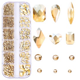 Champagne Nail Art Rhinestone, 3D Crystal Nail Diamond Gem, Flat Back Rhinestones Multi Shapes Sizes Nail Design for Women Girls Manicure Charms Decorations, DIY Jewelry Making Craft Supplies