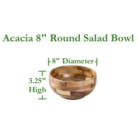 Lipper International Acacia Round Serving Bowl for Pasta, Fruits, Salads, or Popcorn, 8" Diameter x 3.25" Height, Single Bowl