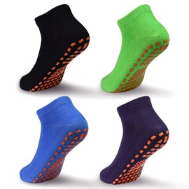 Kids Non Slip Trampoline Socks Anti-Skid Sticky Grips Indoor Breathable Socks 4 Pairs for Children Teenagers (01 Black+Purple+Blue+Green, 6-9 Years)