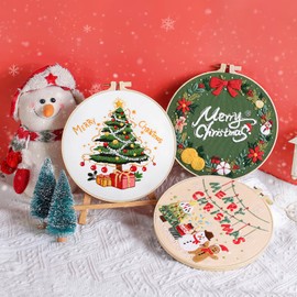 JSRQT 3 Pieces Christmas Beginner Embroidery Kits, Christmas Embroidery Starter Kit, DIY Handmade Cross Stitch Set, Embroidery Cross Stitch Starter Kit for Beginners