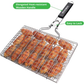 Fish Grilling Basket, Folding Portable Stainless Steel BBQ Grill Basket for Fish Vegetables Shrimp with Removable Handle, Come with Basting Brush and Storage Bag