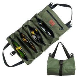 Tool Roll Bag, Canvas Wrench Tool Bag, Multi-Purpose Roll Bag with 5 Zip Pockets, Ideal for Plumbers, Craftsmen and Electricians (Green)