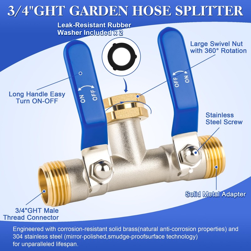 EJW 2 Way Faucet Splitter,Double Hose Connector,Garden Hose Splitters, Hose