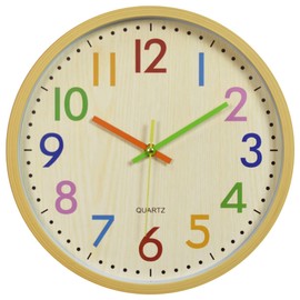 Fermoor Colorful Wall Clock, Quartz Continuous Second Hand, Quiet, School Entrance, Celebration, Wall Hanging, Woodgrain, Easy to Read Numbers