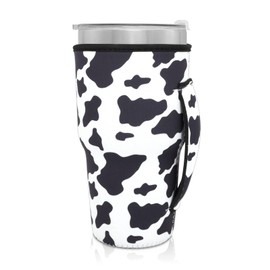 Reusable Iced Coffee Cup Sleeve Neoprene Insulated Sleeves Cup Holder with handle Idea for 30oz - 32oz Tumbler Cups, protein shake bottles(Only Cup Sleeves)(Cow Print)