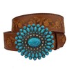 Trending Turquoise Buckle w. tooled Floral Belt Tan L