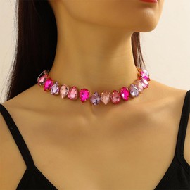 Kercisbeauty Teardrop Shaped Pink and Violet Rhinestones Beads Choker Necklace for Women Sparkle Necklace Banquet Wedding Prom Party (Pink)
