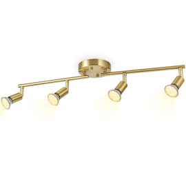 Kit de iluminación de pista LED de Jqire, acabado de oro cepillado 4 vías luces de techo, cabezas de luz flexiblemente giratorias luminosas plegables de vía plegables, incluyó 4 x bombilla GU10 LED